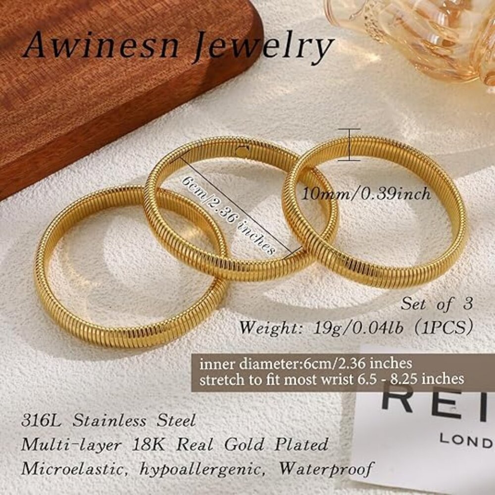 Women's Gold Stack Tarnish Free Bangle Set of 3 Chunky Bangle Bracelets - Picture 2 of 6